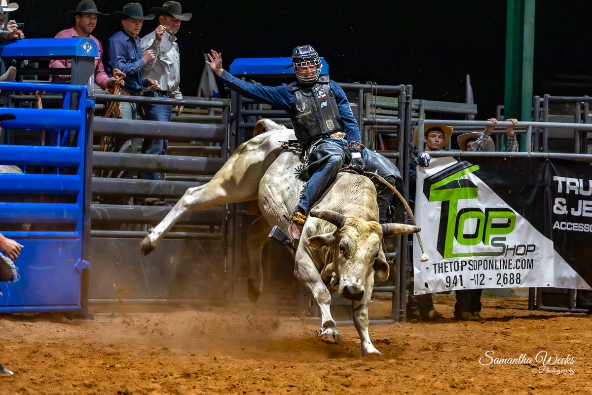 Bull rider on large white bull near Top Shop banner outdoor arena