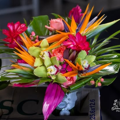 Vibrant tropical flower arrangement bouquet